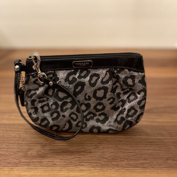 Coach Gray Metallic Madison Ocelot Leopard Wristlet - Picture 1 of 6